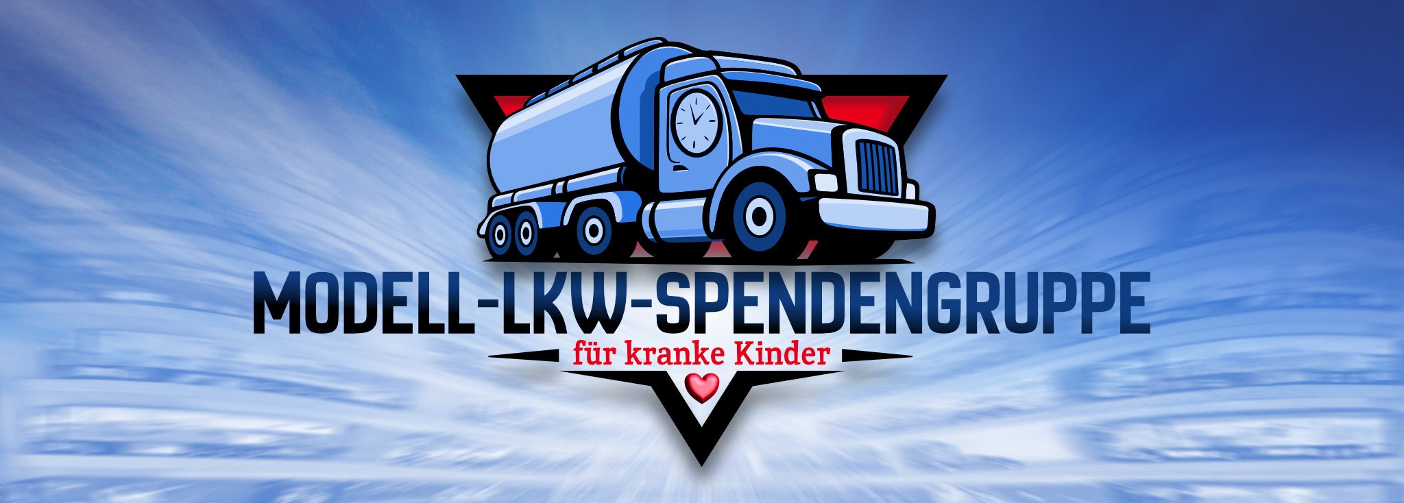 Das Modell-LKW-Spendengruppe Banner zeigt einen stilisierten Tankwagen in Blau auf ritem Dreieck